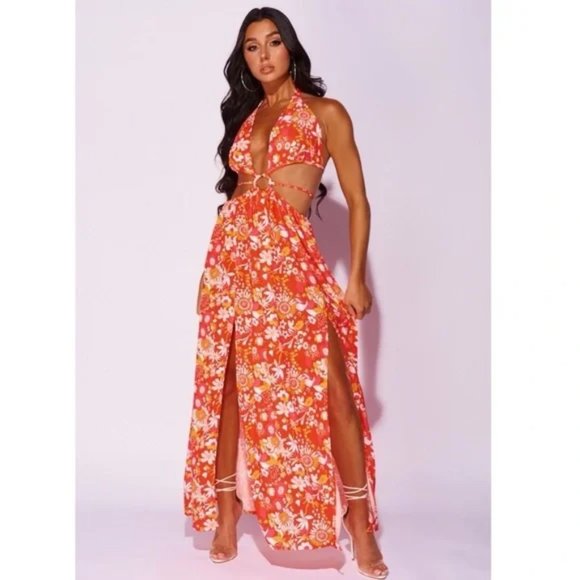 Floral Print Sleeveless V-Neck Halter Neck Backless Front Slit Cutout Maxi Dress - Picture 7 of 14